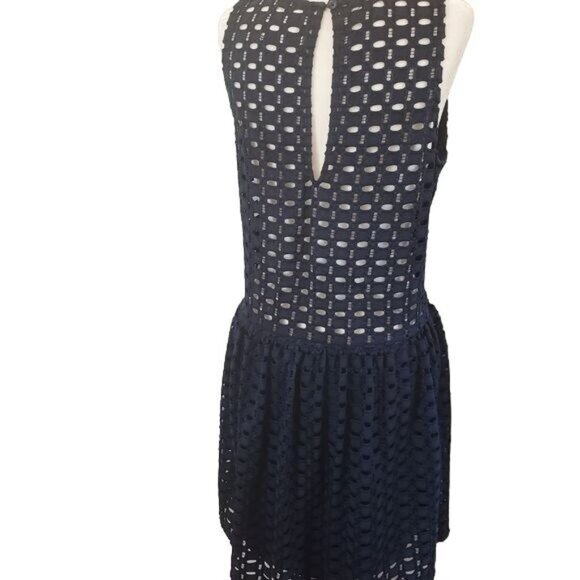 VERA MODA‎ Womens Dress SZ L Broderie Eyelet Drop Waist Navy Sheath Sleeveless - Picture 3 of 10